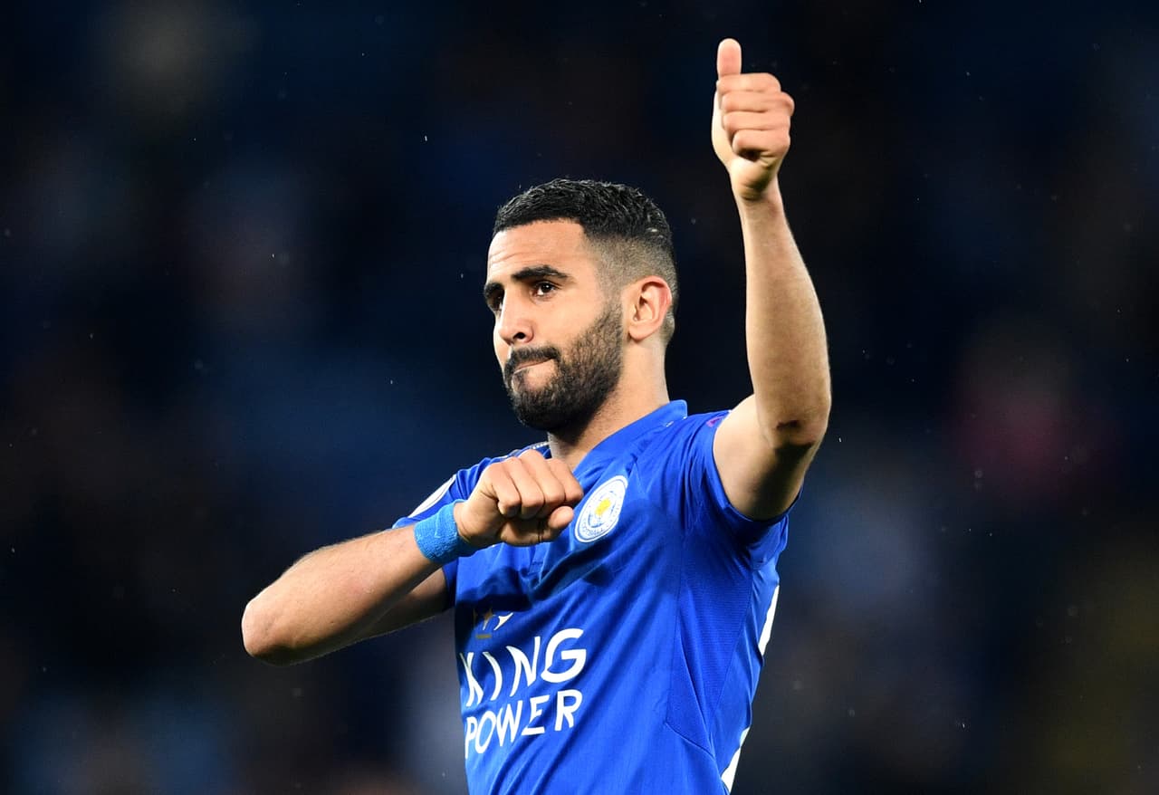 LEICESTER, ENGLAND - MAY 09: Riyad Mahrez of Leicester City shows appreciation to the fans during the Premier League match between Leicester City and Arsenal at The King Power Stadium on May 9, 2018 in Leicester, England. (Photo by Michael Regan/Getty Images)