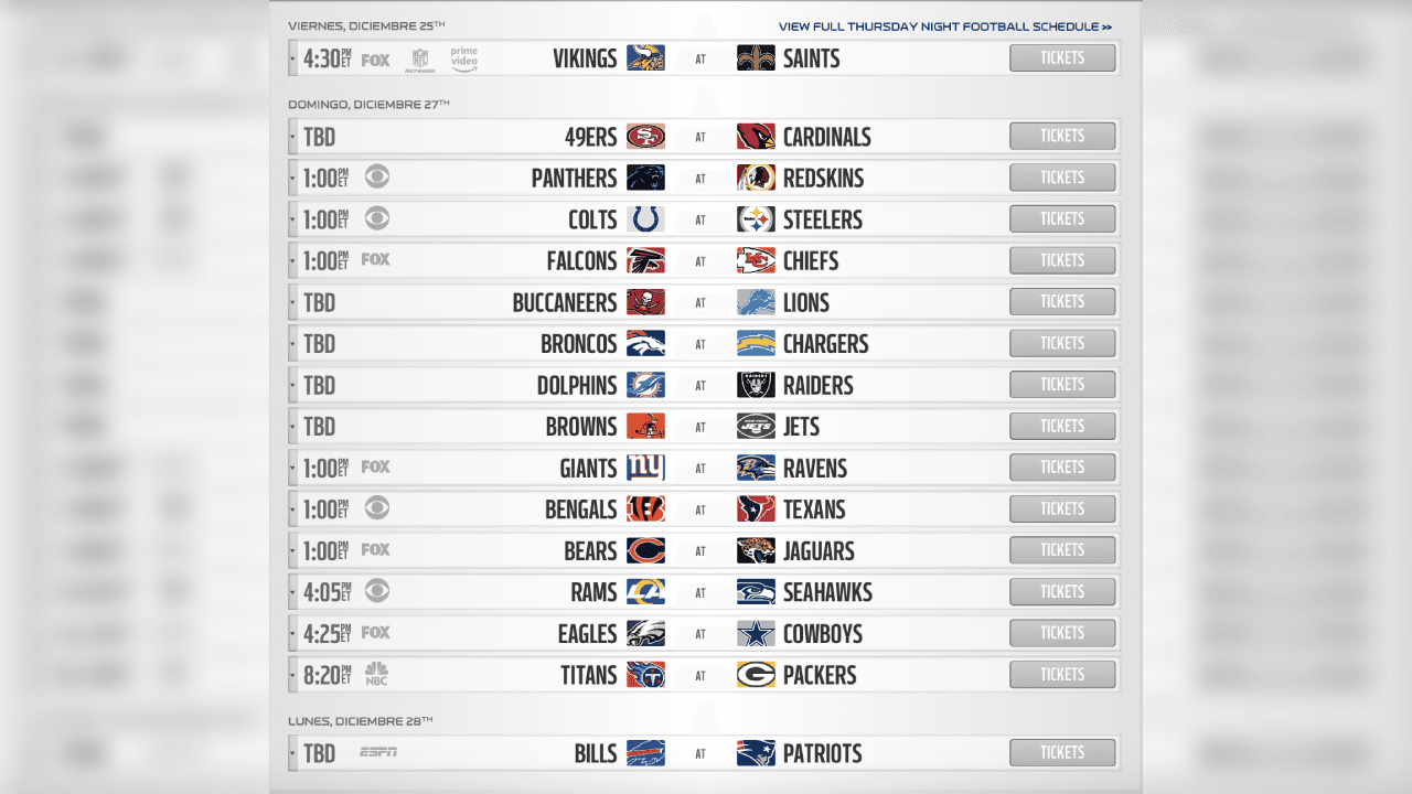 <b>SEMANA 16</b>
<br>- Eagles en contra de Cowboys en un duelo clásico.
<br>- El Sunday Night Football será entre los subcampeones de las Conferencias en la Temporada 100 de la NFL: Titans y Packers.
<br>- El último Monday Night Football será cuando los Bills visiten Foxboro ante los Patriots.