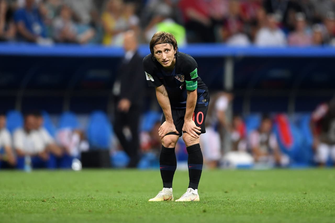 SOCHI, RUSSIA - JULY 07: Luka Modric of Croatia looks on during the 2018 FIFA World Cup Russia Quarter Final match between Russia and Croatia at Fisht Stadium on July 7, 2018 in Sochi, Russia. (Photo by Laurence Griffiths/Getty Images)