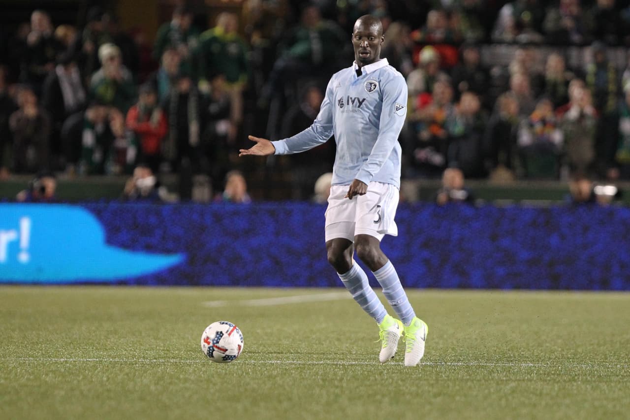 Apr 15, 2017; Portland, OR, USA; Sporting Kansas City defender Ike Opara (3) looks to pass the ball against the Portland Timbers in the second half at Providence Park. Mandatory Credit: Jaime Valdez-USA TODAY Sports
