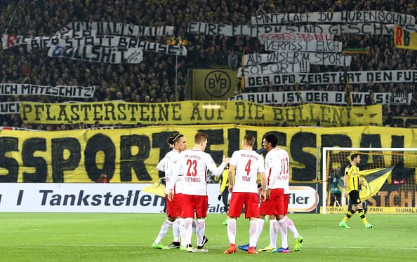 DORTMUND, GERMANY - FEBRUARY 04: Supporters of Dortmund display banners prior to the Bundesliga match between Borussia Dortmund and RB Leipzig at Signal Iduna Park on February 4, 2017 in Dortmund, Germany. (Photo by Lars Baron/Bongarts/Getty Images)