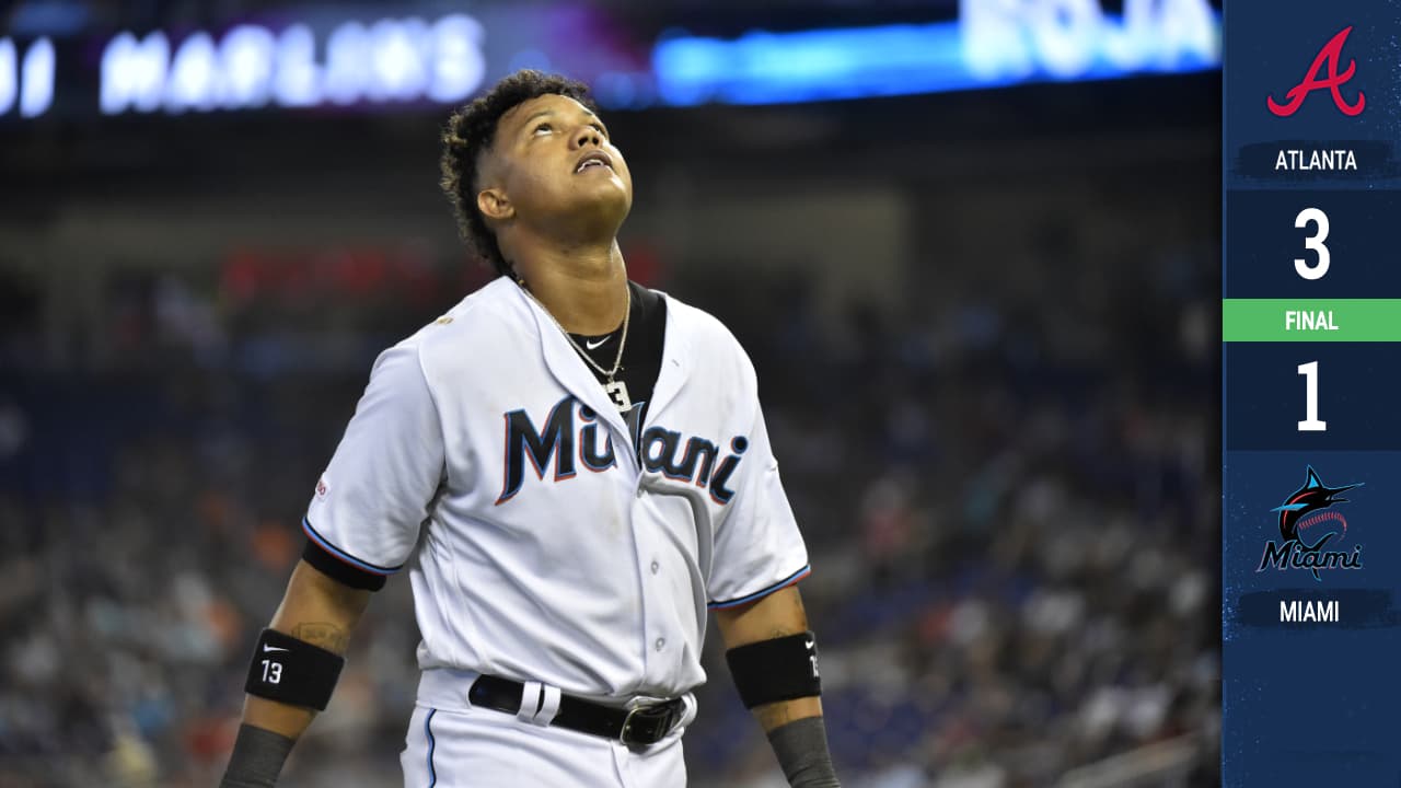 Starlin Castro #13 of the Miami Marlins looks up to the sky after grounding out in the fourth inning against the Atlanta Braves at Marlins Park on May 5, 2019 in Miami, Florida.