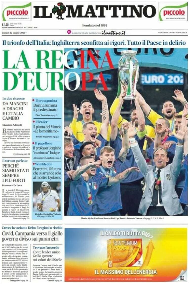 La prensa italiana celebra el campeonato en todos sus ejemplares, dedicándoles la portada a la 'Scuadra Azzurra', mientras que la prensa británica muestra, en la mayoría de sus periódicos muestra al entrenador Gareth Southgate abrazando a Bukayo Saka tras fallar el último penal que le dio la victoria a Italia.