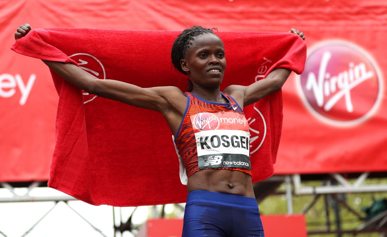 LONDON, ENGLAND - APRIL 28: Brigid Kosgei of Kenya celebrates winning the Women's Elite race during the 2019 Virgin Money London Marathon in the United Kingdom on April 28, 2019 in London, England. (Photo by Naomi Baker/Getty Images)