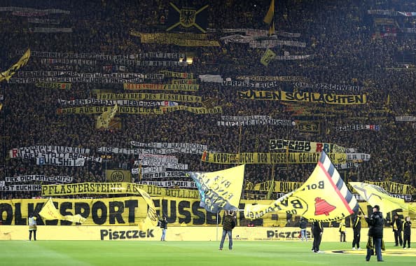 DORTMUND, GERMANY - FEBRUARY 04: Supporters of Dortmund display banners prior to the Bundesliga match between Borussia Dortmund and RB Leipzig at Signal Iduna Park on February 4, 2017 in Dortmund, Germany. (Photo by Lars Baron/Bongarts/Getty Images)