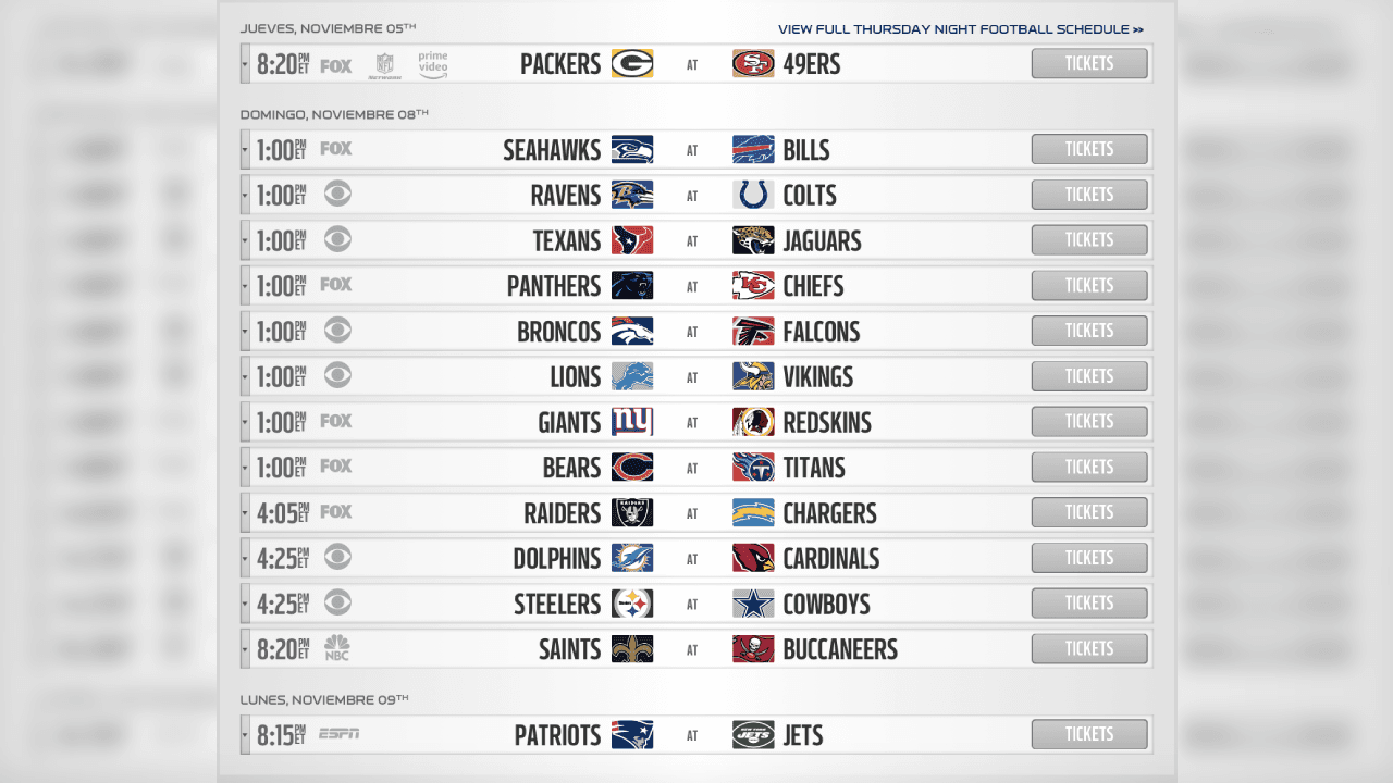 <b>SEMANA 9</b>
<br>- Descansan: Bengals, Browns, Eagles y Rams.
<br>- Segundo duelo entre Brady y Brees en domingo por la noche.