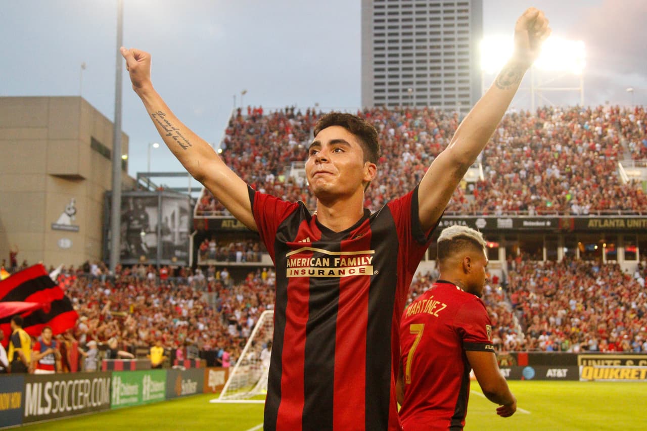 Jun 17, 2017; Atlanta, GA, USA; Atlanta United midfielder Miguel Almiron (10) celebrates after scoring a goal against the Columbus Crew in the second half at Bobby Dodd Stadium at Historic Grant Field. Mandatory Credit: Brett Davis-USA TODAY Sports