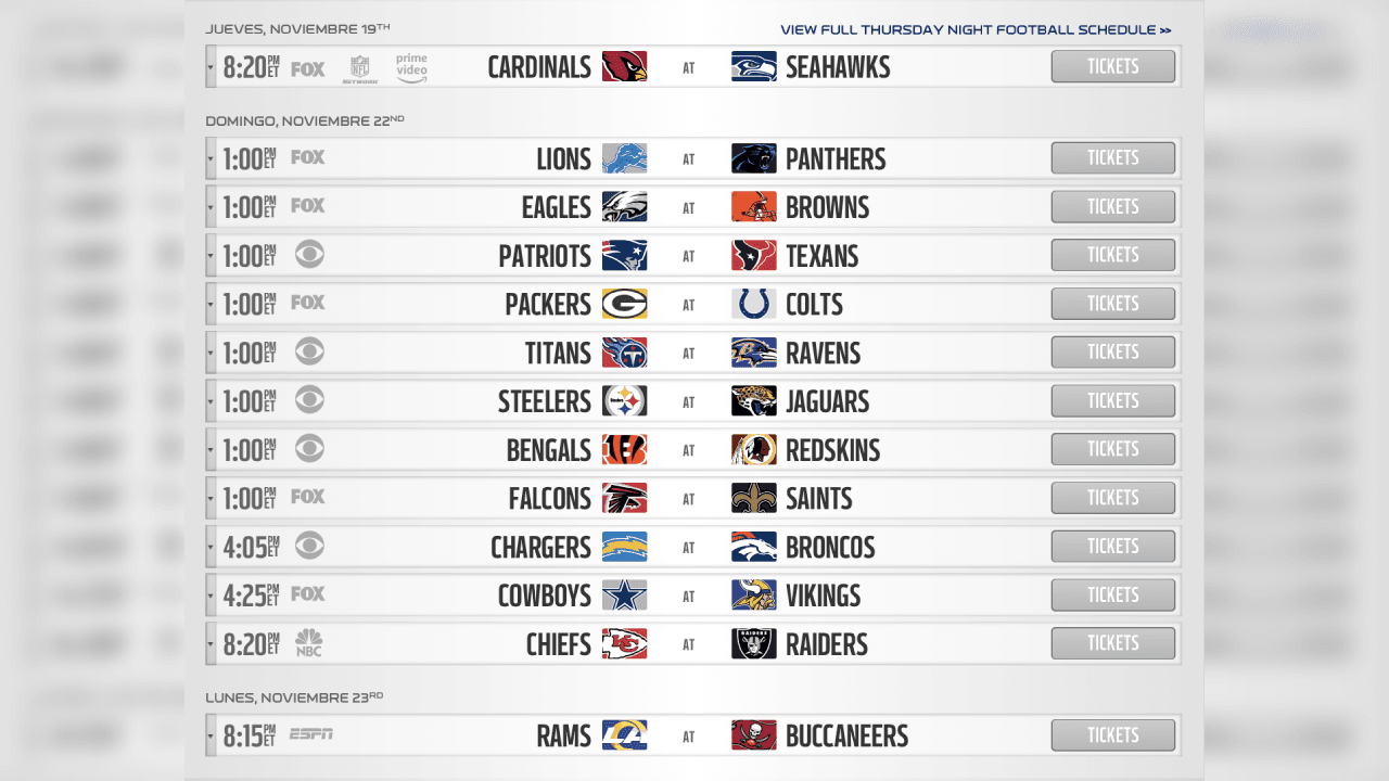 <b>SEMANA 11</b>
<br>- Descansan: Bills, Bears, Dolphins, Giants, Jets y 49ers.
<br>- Los Cowboys visitarán Minnesota y los Rams cierran la semana en Tampa Bay ante Brady, Gronk y compañía.