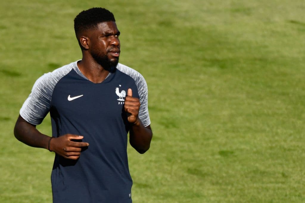 France's defender Samuel Umtiti takes part in a training session at the Tsentralny Stadium, in Kazan, on June 29, 2018 on the eve of the Russia 2018 World Cup round of 16 football match between France and Argentina. (Photo by SAEED KHAN / AFP) (Photo credit should read SAEED KHAN/AFP/Getty Images)