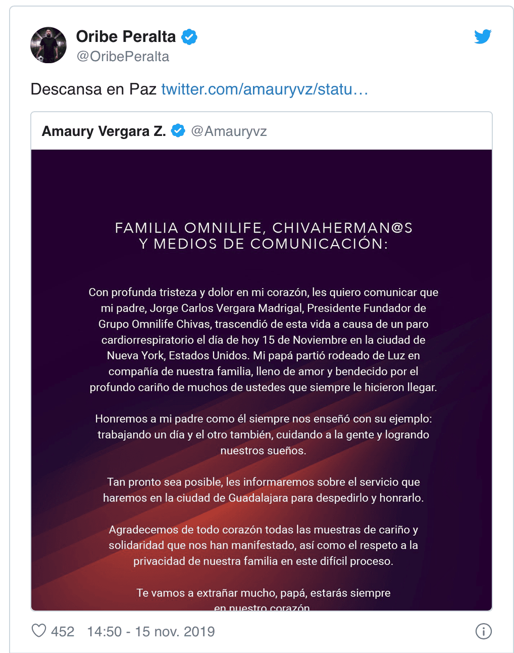 Clubes y jugadores lamentan profundamente el sensible fallecimiento de Jorge Vergara Madrigal.