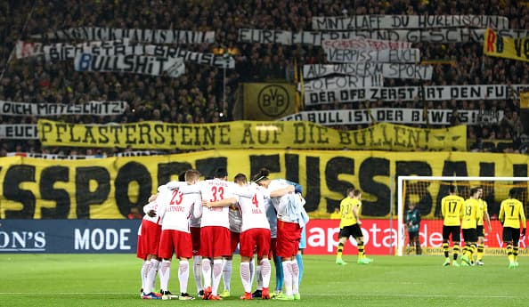 DORTMUND, GERMANY - FEBRUARY 04: Supporters of Dortmund display banners prior to the Bundesliga match between Borussia Dortmund and RB Leipzig at Signal Iduna Park on February 4, 2017 in Dortmund, Germany. (Photo by Lars Baron/Bongarts/Getty Images)