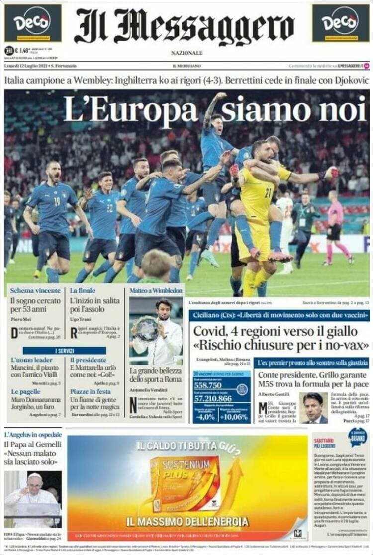 La prensa italiana celebra el campeonato en todos sus ejemplares, dedicándoles la portada a la 'Scuadra Azzurra', mientras que la prensa británica muestra, en la mayoría de sus periódicos muestra al entrenador Gareth Southgate abrazando a Bukayo Saka tras fallar el último penal que le dio la victoria a Italia.