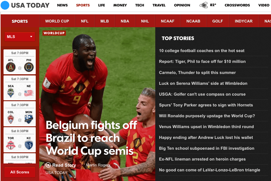 El diario estadounidense
<i>USA Today</i> en su edición digital: "Bélgica pelea con Brasil para alcanzar las semfinales de la Copa del Mundo".