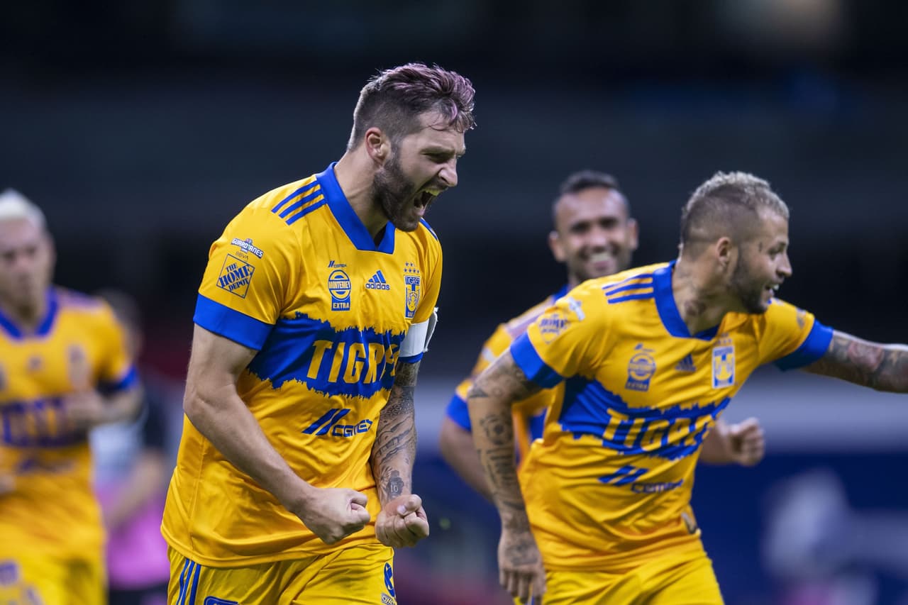 ANDRE-PIERRE GIGNAC CELEBRATES HIS GOAL WITH NICOLAS LOPEZ OF TIGRES during the game Cruz Azul vs Tigres UANL, corresponding to Day 14 of the Torneo Apertura Guard1anes 2020 of the Liga BBVA MX, at Azteca Stadium, on October 17, 2020. ANDRE-PIERRE GIGNAC CELEBRA SU GOL CON NICOLAS LOPEZ DE TIGRES durante el partido Cruz Azul vs Tigres UANL, correspondiente a la Jornada 14 del Torneo Apertura Guard1anes 2020 de la Liga BBVA MX, en el Estadio Azteca, el 17 de Octubre de 2020.