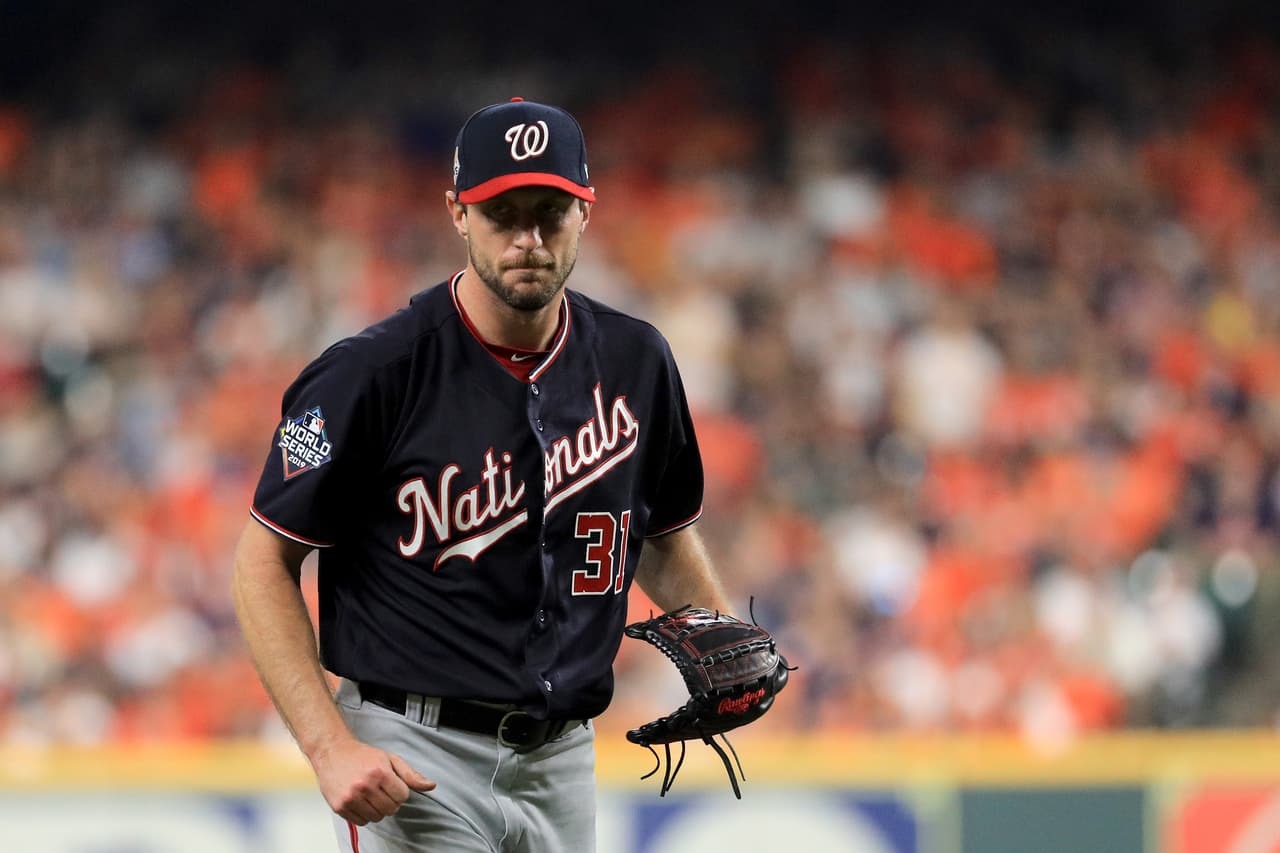 HOUSTON, TEXAS - OCTOBER 22: Max Scherzer #31 of the Washington Nationals reacts after retiring the side in the fifth inning against the Houston Astros in Game One of the 2019 World Series at Minute Maid Park on October 22, 2019 in Houston, Texas. (Photo by Mike Ehrmann/Getty Images)