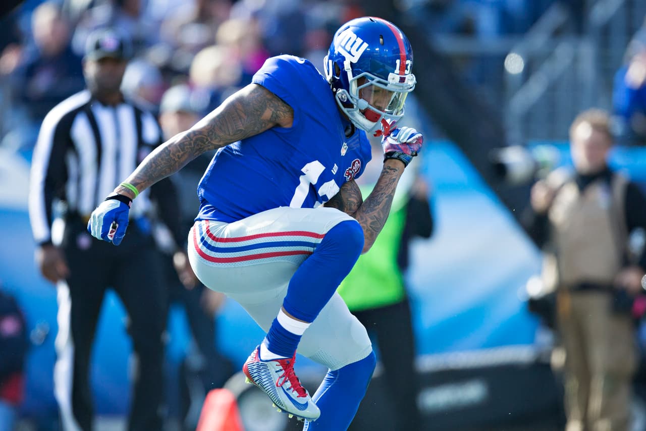 NASHVILLE, TN - DECEMBER 7: Odell Beckham Jr. #13 of the New York Giants does a dance in the end zone after scoring a touchdown against the Tennessee Titans at LP Field on December 7, 2014 in Nashville, Tennessee. The Giants defeated the Titans 36-7. (Photo by Wesley Hitt/Getty Images)