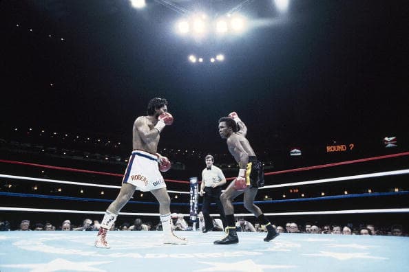 UNITED STATES - NOVEMBER 25: Boxing: WBC Welterweight Title, Sugar Ray Leonard (R) in action vs Roberto Duran (L) at Superdome, New Orleans, LA 11/25/1980 (Photo by Manny Millan/Sports Illustrated/Getty Images) (SetNumber: X25106 TK3)