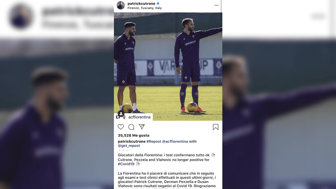 Patrick Cutrone hizo lo propio y con él, ya son tres futbolistas de la Fiorentina que han logrado estabilidad en su salud.
