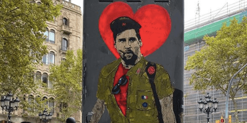 Dibujan grafiti de Messi vestido del Che Guevara en la Plaza Cataluña