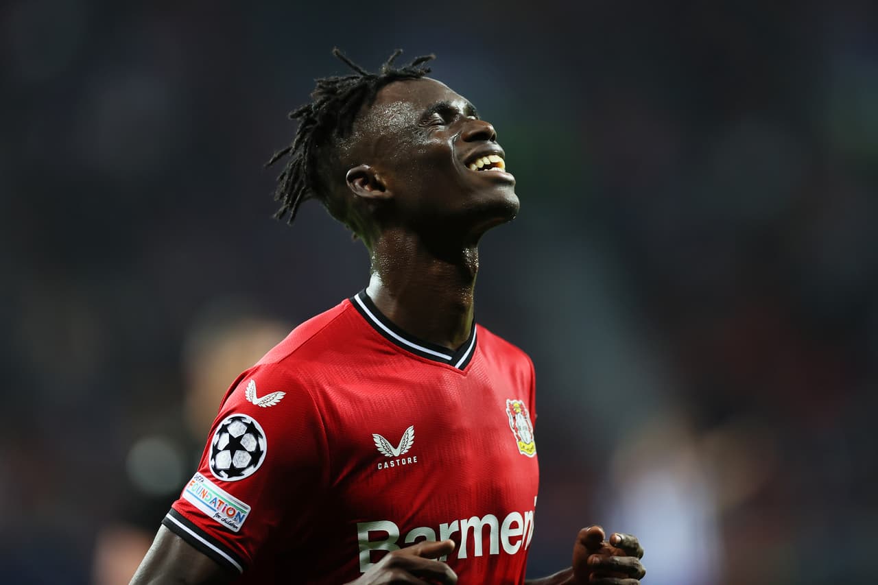 LEVERKUSEN, GERMANY - OCTOBER 12: Odilon Kossounou of Bayer Leverkusen reacts during the UEFA Champions League group B match between Bayer 04 Leverkusen and FC Porto at BayArena on October 12, 2022 in Leverkusen, Germany. (Photo by Martin Rose/Getty Images)