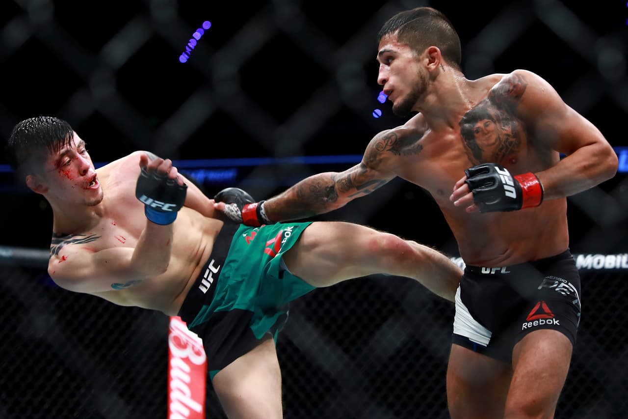 MEXICO CITY, MEXICO - AUGUST 05: Sergio Pettis punches Brandon Moreno during the UFC Fight Night Mexico City at Arena Ciudad de Mexico on August 05, 2017 in Mexico City, Mexico. (Photo by Hector Vivas/Getty Images)