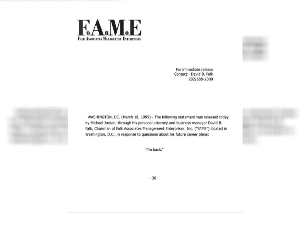 Michael Jordan, por medio de su agente, anunciaba por un fax su regreso a la mejor liga de basquetbol del mundo.