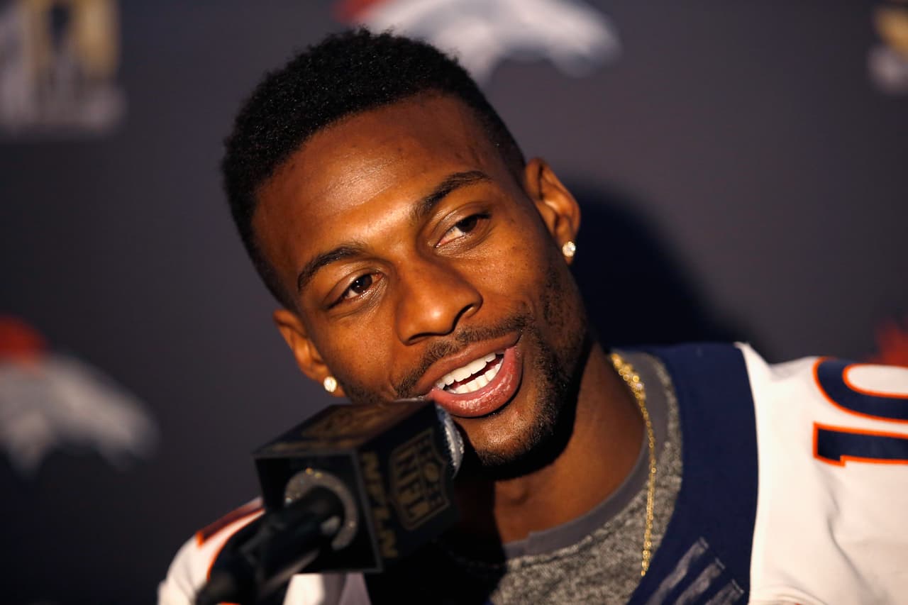 SANTA CLARA, CA - FEBRUARY 04: Emmanuel Sanders #10 of the Denver Broncos speaks to the media during the Broncos media availability for Super Bowl 50 at the Stanford Marriott on February 4, 2016 in Santa Clara, California. The Broncos will play the Carolina Panthers in Super Bowl 50 on February 7, 2016. (Photo by Ezra Shaw/Getty Images)