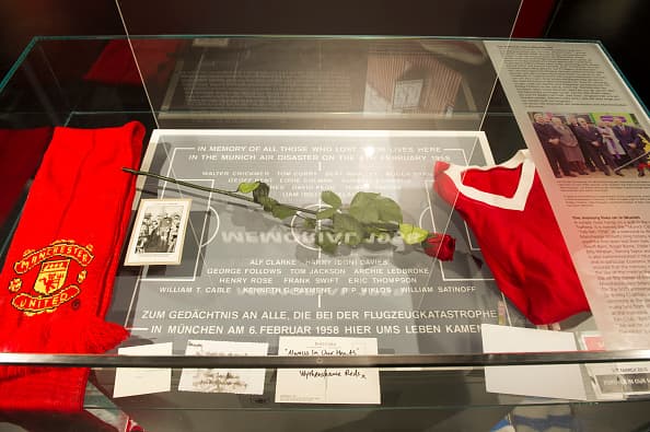 MUNICH, GERMANY - FEBRUARY 06: The memorial exhibition is seen during the commemoration of the 1958 airplane crash in Munich, where eight players of Manchester United have been killed, at Allianz Arena on February 6, 2015 in Munich, Germany. (Photo by L. Preiss/Getty Images for FC Bayern)