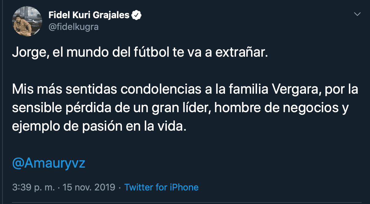 Clubes y jugadores lamentan profundamente el sensible fallecimiento de Jorge Vergara Madrigal.