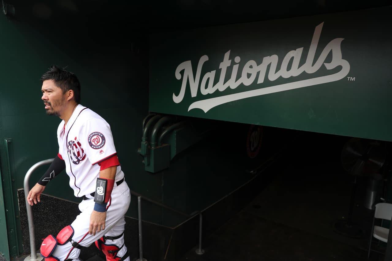 Washington Nationals catcher Kurt Suzuki (28) takes the field before a baseball game against the Cleveland Indians at Nationals Park, Sunday, Sept. 29, 2019, in Washington. (AP Photo/Andrew Harnik)