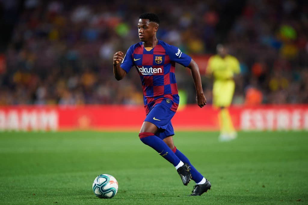 BARCELONA, SPAIN - SEPTEMBER 24: Ansu Fati of FC Barcelona conducts the ball during the Liga match between FC Barcelona and Villarreal CF at Camp Nou on September 24, 2019 in Barcelona, Spain. (Photo by Alex Caparros/Getty Images)