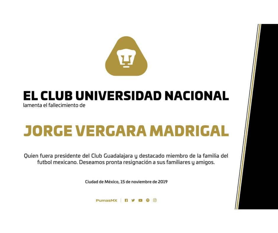 Clubes y jugadores lamentan profundamente el sensible fallecimiento de Jorge Vergara Madrigal.
