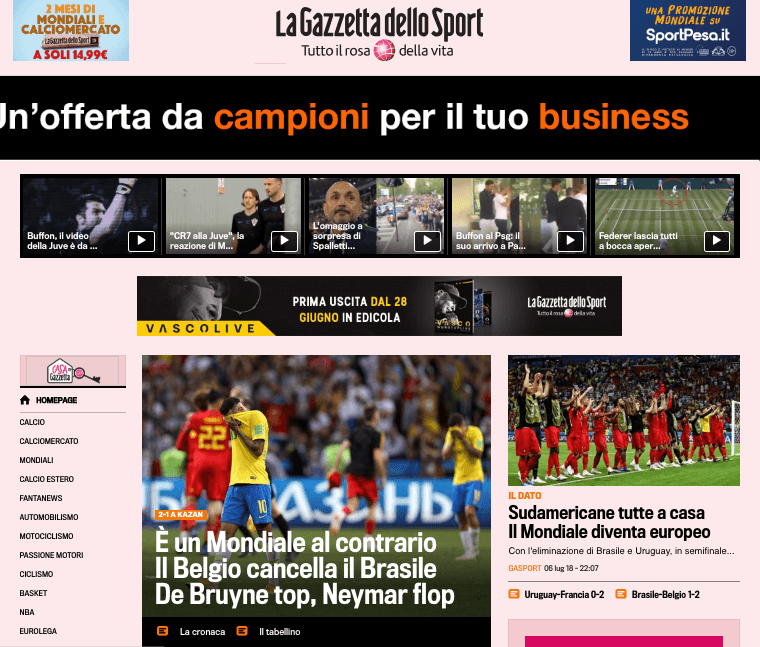 El diario deportivo italiano
<i>La Gazzetta dello Sport</i>: En un Mundial al revés, Bélgica elimina a Brasil; De Bruyne arriba, fracasa Neymar.