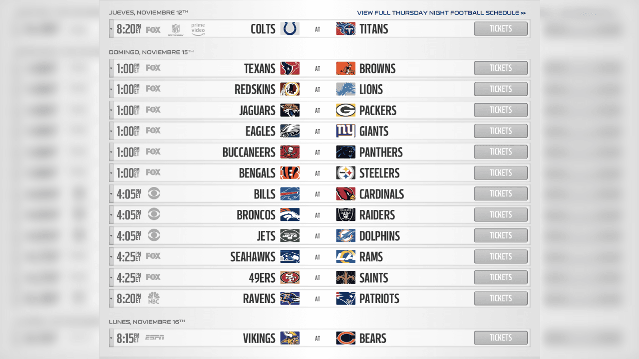 <b>SEMANA 10</b>
<br>- Descansan: Falcons, Cowboys, Chiefs y Chargers
<br>- Ravens y Patriots como el juego estelar domingo por la noche y Vikings ante Bears cierran la semana en Chicago.