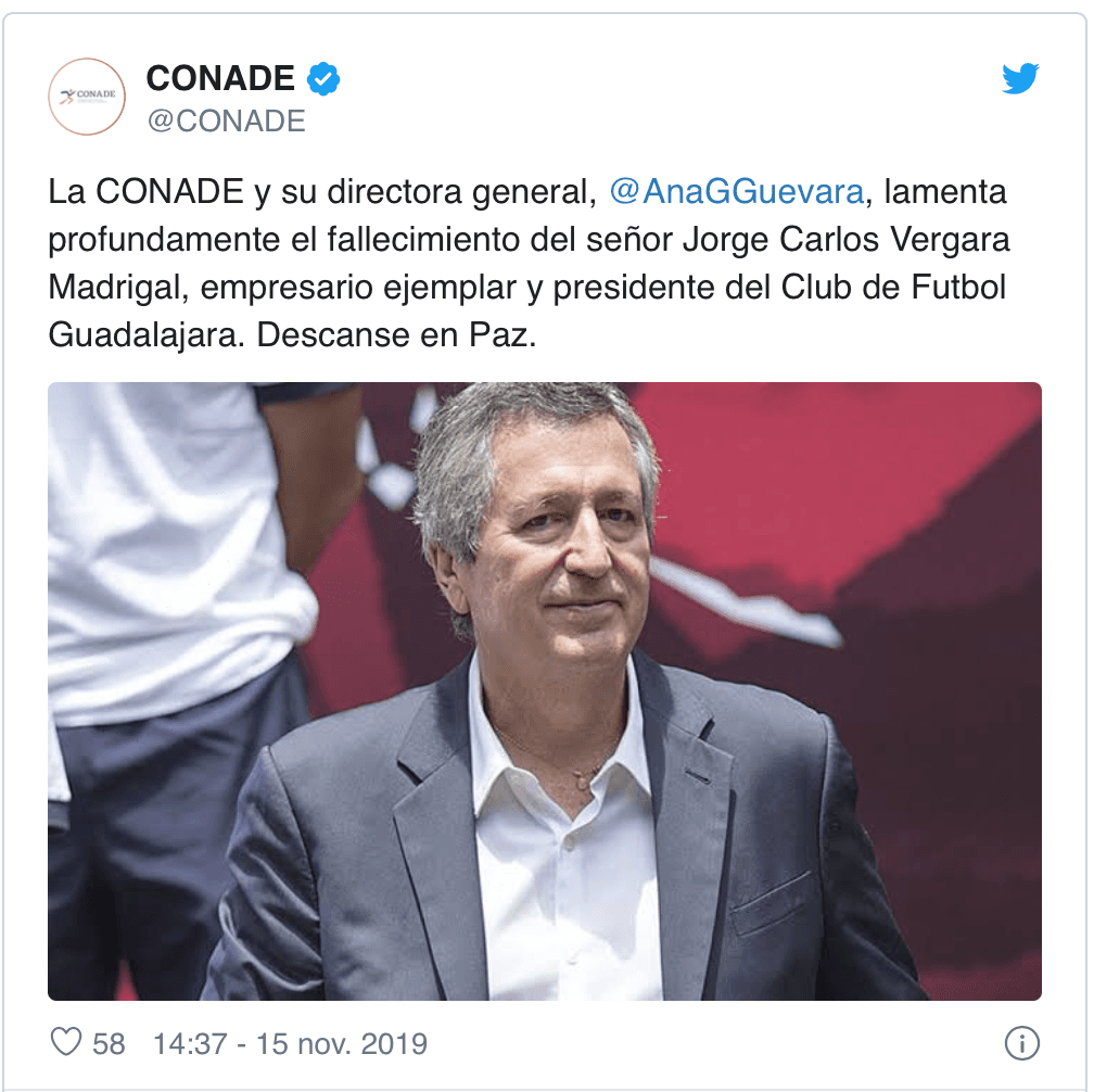 Clubes y jugadores lamentan profundamente el sensible fallecimiento de Jorge Vergara Madrigal.