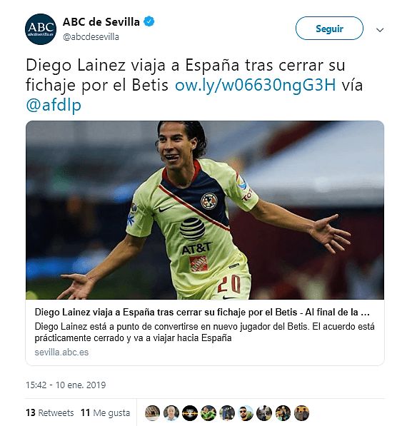 Otro medio local, en Sevilla, como el ABC, reporta también el arribo del mexicano a la ciudad del sur de España.