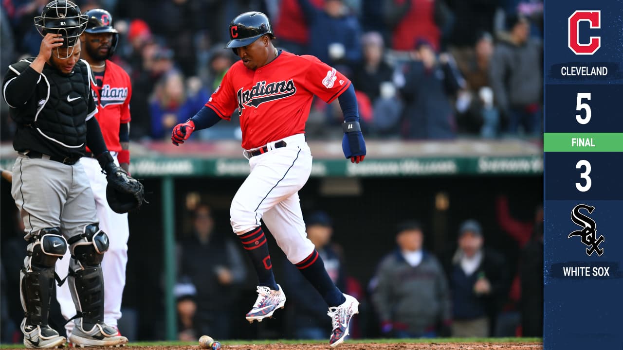 Jose Ramirez #11 of the Cleveland Indians scores a run in the sixth inning during the game between the Chicago White Sox and the Cleveland Indians at Progressive Field on Monday, April 1, 2019 in Cleveland, Ohio.