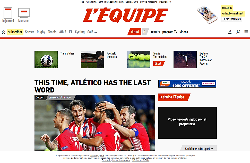 El diario deprotivo francés
<i>L'Equipe</i> intitula: "Esta vez, el Atlético tuvo la última palabra".