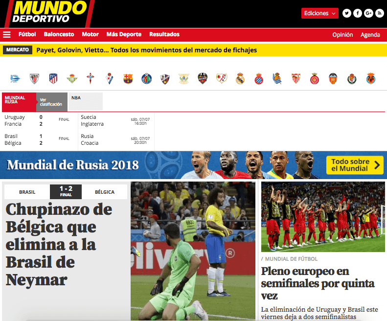 El periódico español, basado en Cataluña,
<i>Mundo Deportivo</i> resalta la sorpresa del resultado entre brasileños y belgas.