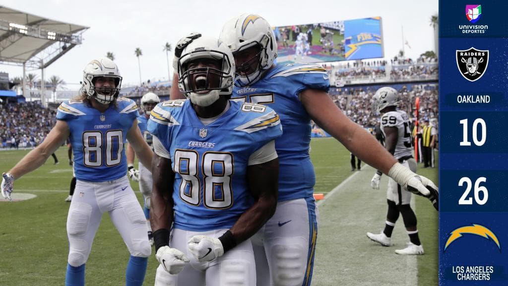 Philip Rivers lanzó para 339 yardas y dos pases de anotación y los Chargers (3-2) no se apiadaron de unos decadentes Raiders que caen a 1-4.