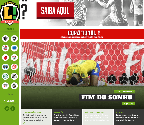 El periódico deportivo brasileño
<i>Lance</i> en una de sus páginas principales habla del "Fin del sueño" de su selección en Rusia 2018.