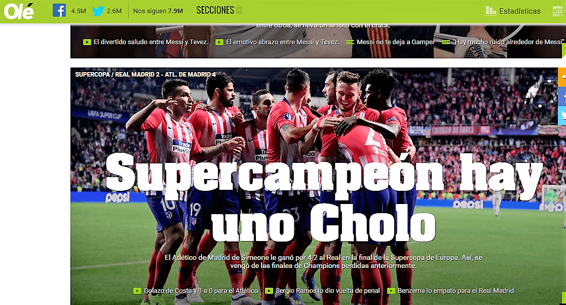 Jugando con el humor, el diario deportivo argentino
<i>Olé</i> elogiando a su paisano Diego Simeone por la victoria de sus dirigidos.