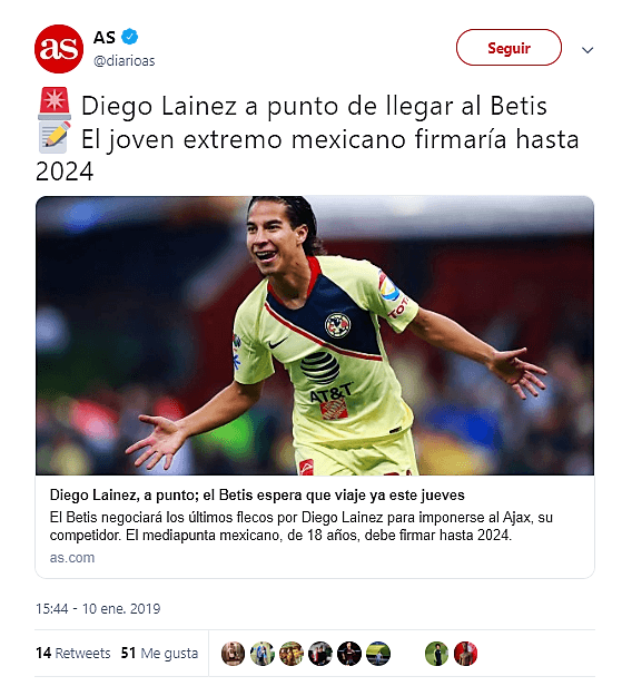 Otro medio hispano, de la capital, Madrid, el Diario As también dio cuenta de la llegada de Lainez a Sevilla.