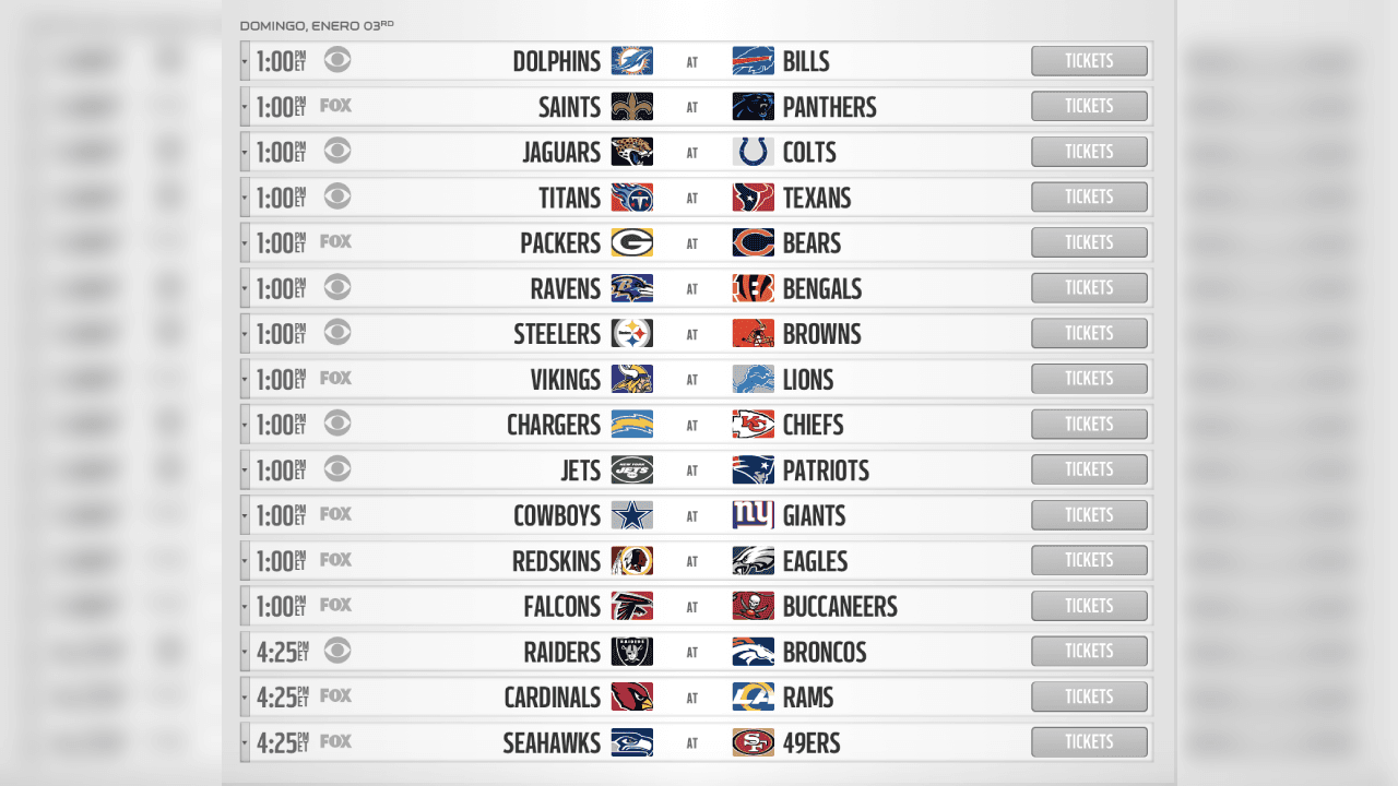 <b>SEMANA 17</b>
<br>- Todos los partidos se celebran el domingo 3 de enero.
<br>- 13 de ellos se juegan a las 12:00 pm (tiempo del Centro de la Ciudad de México)
<br>- Seahawks ante 49ers sobresale en uno de los tres juegos por la tarde.