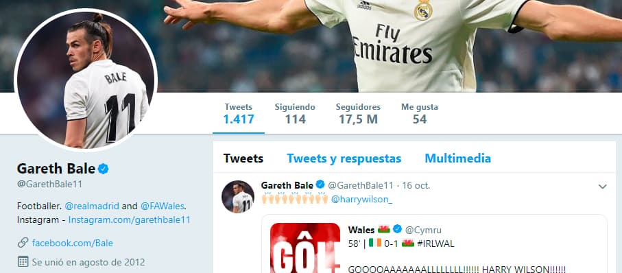 En Twitter nuevamente encontramos quinto al galés Gareth Bale con 17.5 millones de seguidores.