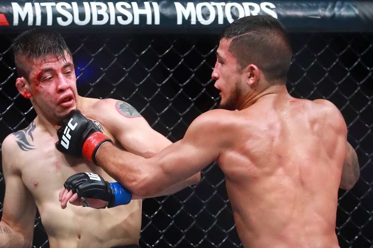 MEXICO CITY, MEXICO - AUGUST 05: Sergio Pettis punches Brandon Moreno during the UFC Fight Night Mexico City at Arena Ciudad de Mexico on August 05, 2017 in Mexico City, Mexico. (Photo by Hector Vivas/Getty Images)