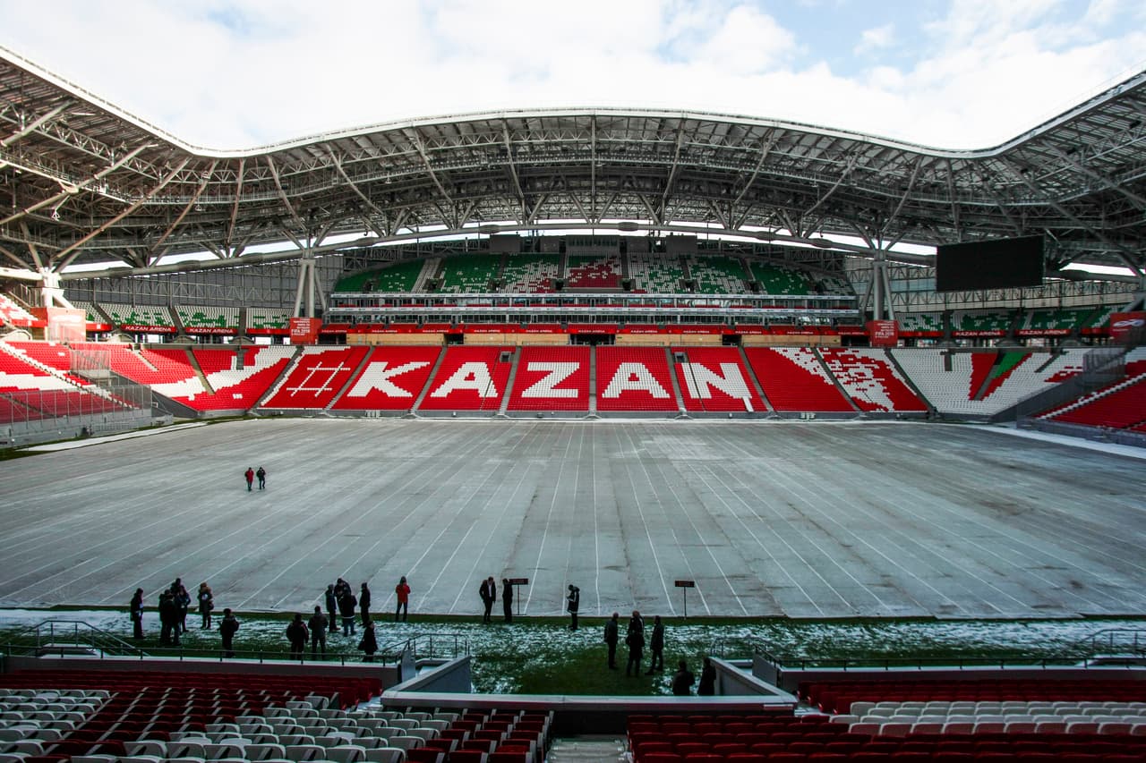 Inside view of the Kazan Arena stadium which will host some 2018 World Cup matches in Kazan, Russia, Tuesday, Feb 28, 2017. Delegation from FIFA and the 2018 FIFA World Cup Russia Local Organising Committee (LOC) are making fifth operational planning tour of the Russian stadiums which will host matches of the Confederations Cup 2017 and the FIFA World Cup 2018. (AP photo/Nikolai Alexandrov)
