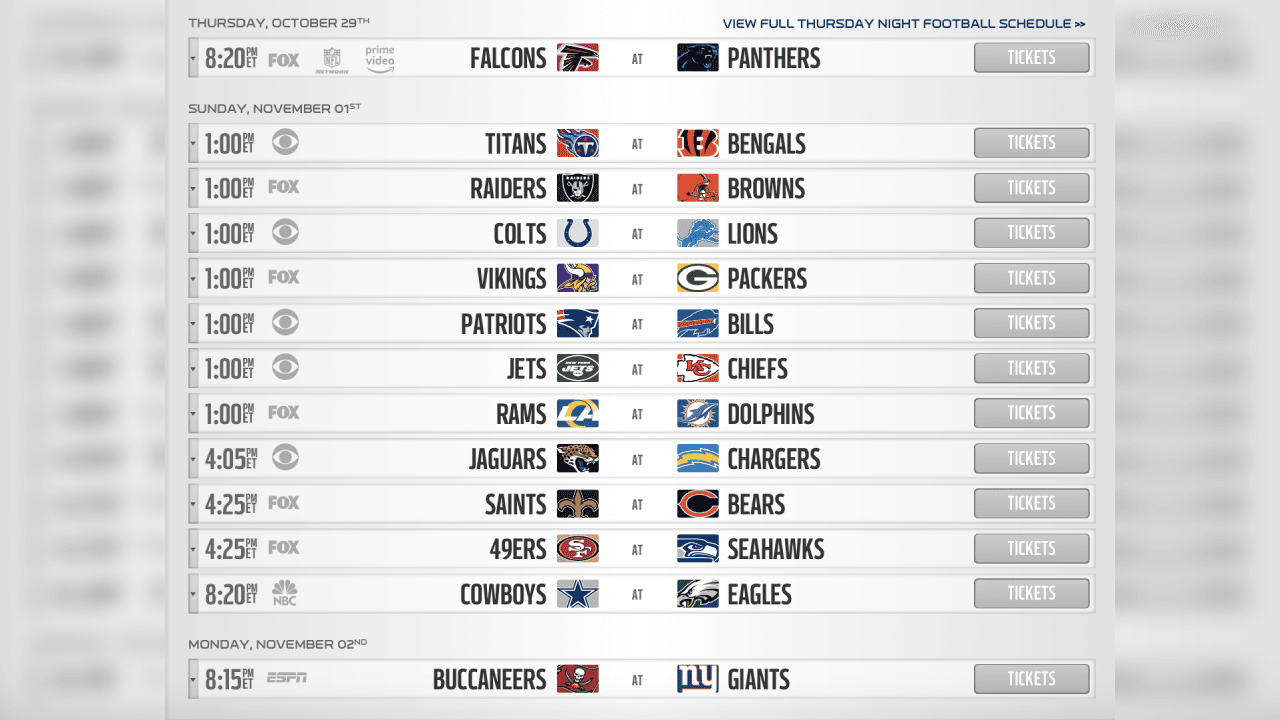 <b>SEMANA 8</b>
<br>- Descansan: Cardinals, Redskins, Ravens, Broncos, Texans y Steeleers.
<br>- San Francisco ante Seattle en un juego muy atractivo y los Bucs de Brady cierran en lunes por la noche ante New York Giants.