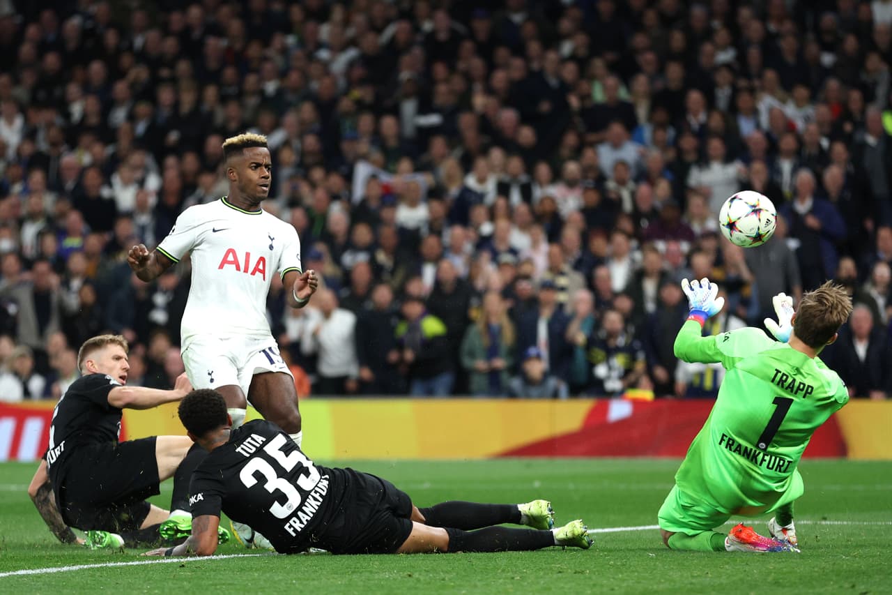 LONDON, ENGLAND - OCTOBER 12: Ryan Sessegnon of Tottenham Hotspur has a shot saved by Kevin Trapp of Eintracht Frankfurt during the UEFA Champions League group D match between Tottenham Hotspur and Eintracht Frankfurt at Tottenham Hotspur Stadium on October 12, 2022 in London, England. (Photo by Richard Heathcote/Getty Images)