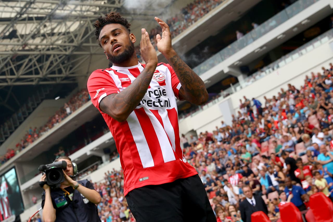 EINDHOVEN, NETHERLANDS - JULY 26: Juergen Locadia of Eindhoven welcomes the fans prior to the friendly match between FC Eindhoven and PSV Eindhoven at Philips Stadium on July 26, 2016 in Eindhoven, Netherlands. (Photo by Christof Koepsel/Getty Images)